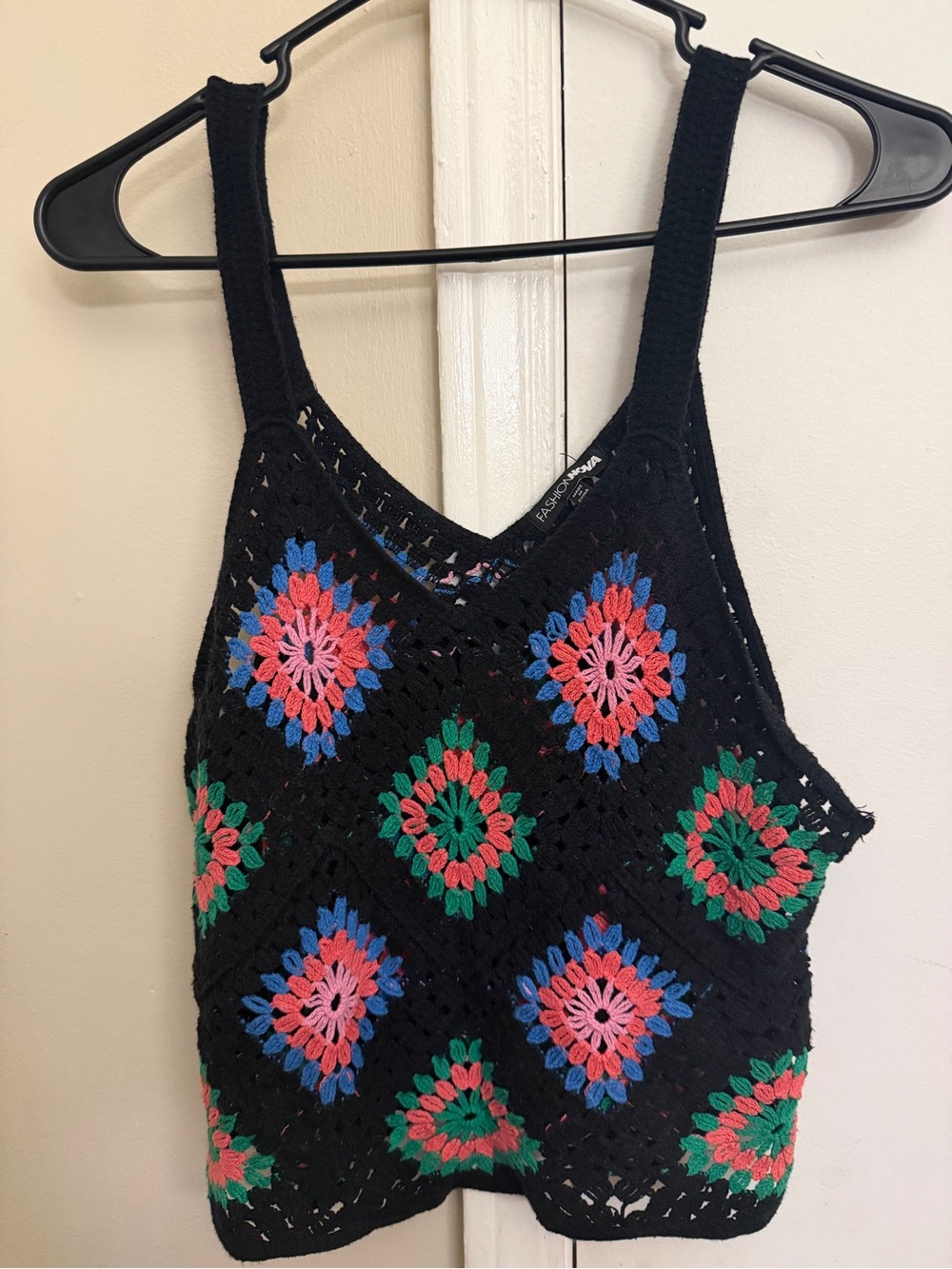 Fashion Nova Black Crochet Camisole with Pink, Blue & Green Floral Squares